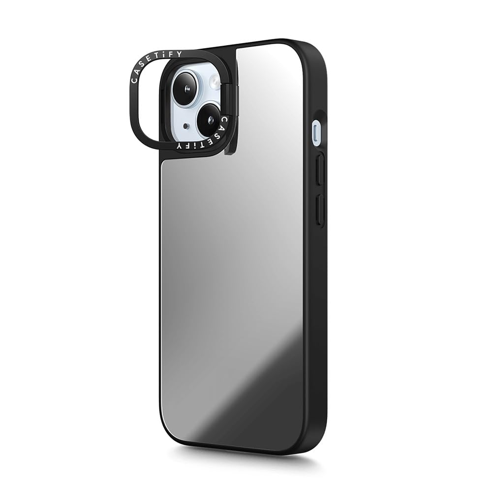 CASETiFY Mirror Ring Stand Case for iPhone 15 [3X Military Grade Drop Tested / 6.6ft Drop Protection/Compatible with Magsafe] - Silver on Black