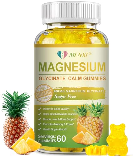 Magnesium Glycinate Gummies 400mg, Sugar Free Magnesium Taurate, Magnesium Malate Supplement with Vitamin D, B6, CoQ10 for Relaxation, Stress Relief, Muscle, Bone & Sleep Support- 60 Pineapple Gummies