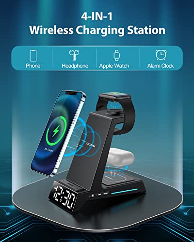 Wireless Charging Station - 4 in 1 Wireless Charger with Alarm Clock, Charging Stand Dock for iPhone 15/14/13/12/11/Pro/Max/XR/XS/X/Samsung Phone, for AirPods Pro/3/2, Apple Watch 9/8/7/6/5/SE/4/3/2