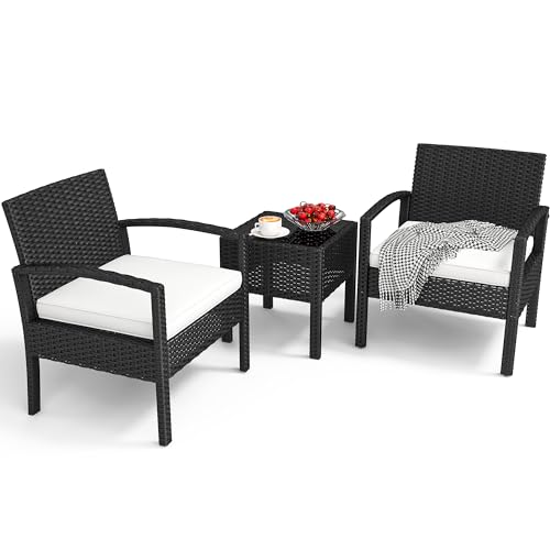 YITAHOME 3-Piece Outdoor Patio Furniture Wicker Bistro Set, All-Weather Rattan Conversation Chairs with Glass Side Table & Soft Cushions for Backyard, Balcony and Deck, Black+Beige