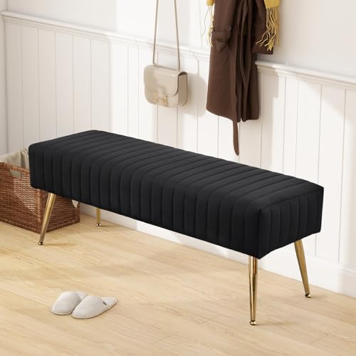 Furnimart 44 Inch Bedroom Ottoman Bench, Black Upholstered End of Bed Bench with Gold Legs for Living Room Bedroom Dinning Room Entryway, Black