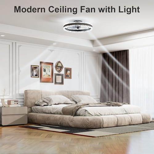 VOLISUN Low Profile Ceiling Fans with Light and Remote, 19.7in Fandelier Ceiling Fan with Light, 3000K-6500K Dimmable Flush Mount LED Ceiling Fan Light, White Modern Ceiling Fan Light for Bedroom