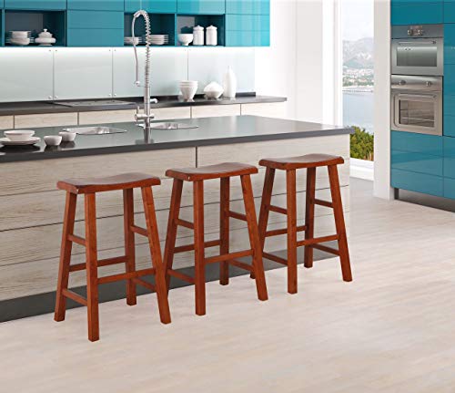 eHemco Heavy-Duty Solid Wood Saddle Seat Kitchen Counter Barstools, 29 Inches, Dark Oak, Set of 3