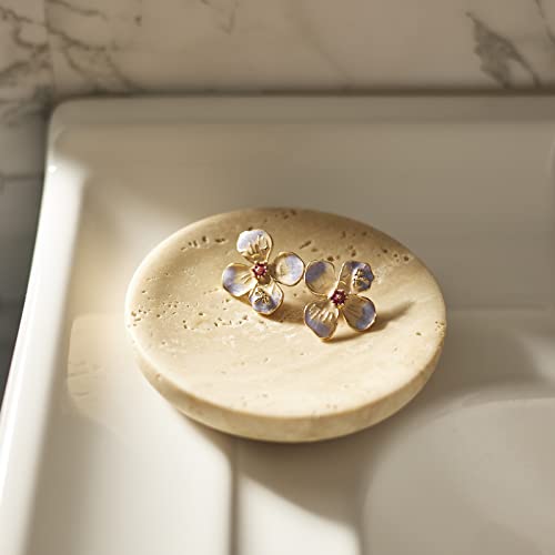 PHINILUX Round Travertine Tray for Jewelry, Marble Trinket Dish Tray, Nightstand Decor, Coaster, Soap Dish,Sponge Holder for Bathroom, Beige