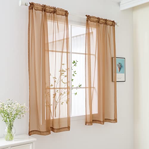 bestselected Window Brown Sheer Curtains, W42 x L36 Inches Each 2 Panels Sheer Curtain Basic Rod Pocket Panel for Bedroom Children Living Room Yard Kitchen (W42 x L36, Brown)