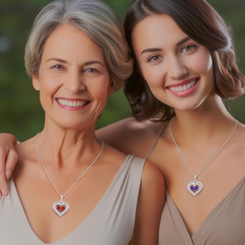 LOUISA SECRET Sparkling Double Heart Birthstone Necklaces for Women, 925 Sterling Silver Fine Jewelry, Pendant Heart Necklaces Birthday Anniversary Christmas Gift for Women Wife Mom Girlfriend Lady