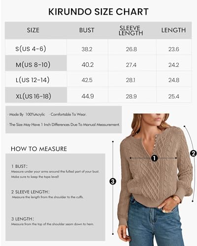 KIRUNDO Womens Sweaters 2024 Fall Winter Henley Long Sleeve Button Crew Neck Cable Knit Loose Cropped Sweater Pullover(Black, Small)