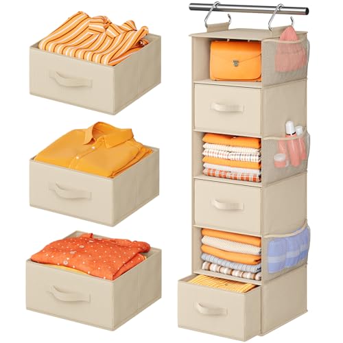 Pipishell Hanging Closet Organizer 6-Shelf, Hanging Shelves for Closet with 3 Removable Drawers & Side Pockets, Hanging Shelf Organizer for Bedroom or Garment Rack, 12'' x 12'' x 43.3'', Beige