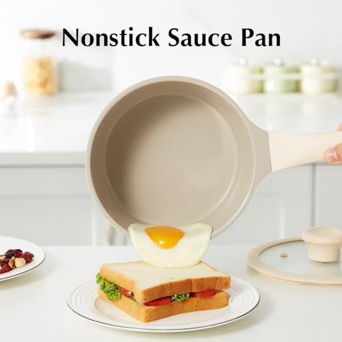 ROCKURWOK Ceramic Nonstick Sauce Pan with lid, 2QT Small Pot for Cooking, Stay-cool Handle, Non Toxic & PFAS-Free, Compatible with All Cooktops