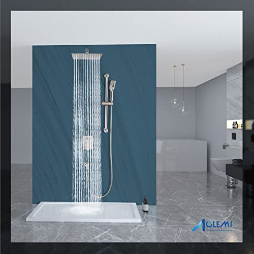 Aolemi Brushed Nickel Shower System 10 Inch Wall Mount Rainfall Shower Head with Slid Bar 3 Functions ABS Handheld Spray Rough-in Valve and Shower Trim Included Bathroom Shower Faucet Mixer