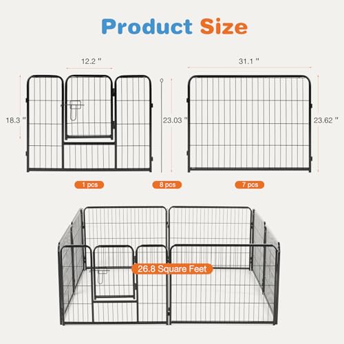 Sweetcrispy Dog Playpen Indoor - Pet Fence Puppy Exercise Pen for Yard Gate 8 Panel 24” Height Heavy Duty Crates with Doors Metal Dog Pen for Camping, RV, Outdoor, Small/Medium Pets