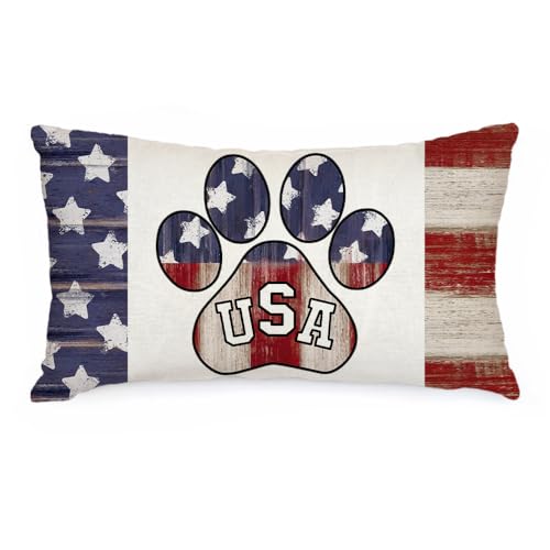 AACORS 4th of July Pillow Covers 12x20 Inch Paw Prints Decor Patriotic America USA Stars Holiday Pillow Case Independence Memorial Day Decorations for Home Sofa Couch AA529-12