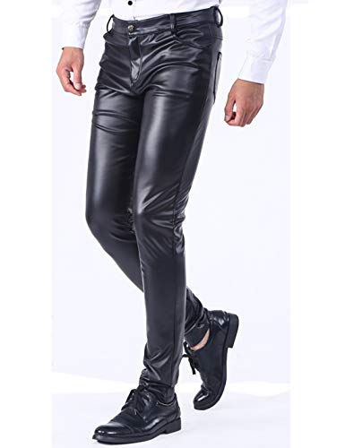 Yeokou Mens Business Casual High Waist Straight Leg PU Faux Leather Biker Pants（Black(Skinny Leg)-30）