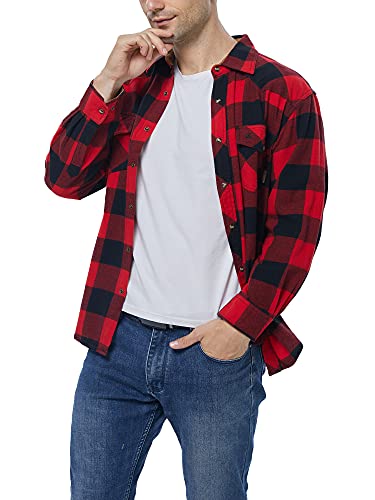COEVALS CLUB Mens Flannel Corduroy Lined Snap Button Up Cotton Regular Fit Long Sleeve Plaid Shirts (Khaki, Blue, Crimson/M 7#)