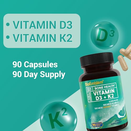 BioEmblem Vitamin D3 K2 Capsules (5000IU and 200mcg) - Patented MK7 and MK4 for 3-in-1 Complex Support - Vegetarian Vitamin D K2 Supplement for Teeth, Heart, Immune System - Non-GMO, 90 Caps