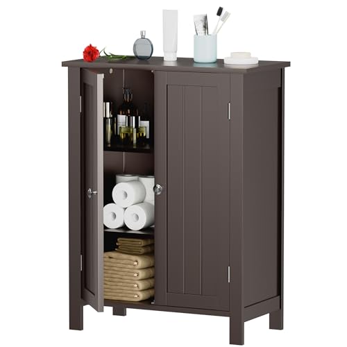 ZENY Bathroom Floor Storage Cabinet with Double Door + Adjustable Shelf, Wooden Organizer Cabinet for Living Room, Bathroom, Bedroom, Modern Home Furniture (Brown)