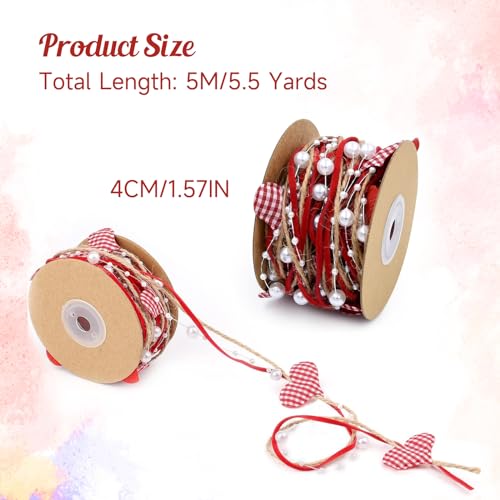 Valentine’s Ribbons, 1-1/2 Inches 5.5 Yards Burlap Ribbon with Pearls Beads Hearts for Gift Bouquet Wrapping Crafts Wreaths Hanging Wedding Party