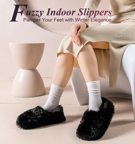 Onmygogo Fuzzy Winter Indoor Slippers for Women (5-6 B(M) US, Black)