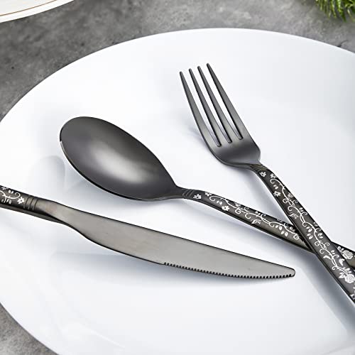 Xingjiake 12-piece Black Silverware Set, Flower Pattern Fancy Knife Spoons And Forks Set, Stainless Steel Flatware Cutlery Set, Serving Utensil Set With Steak Knives Fork Spoons Silverware