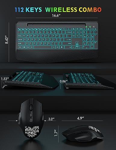 Wireless Keyboard and Mouse Backlits, Wrist Rest, Jiggler Mouse, Rechargeable Ergonomic Keyboard with Phone Holder, Silent Light Up Combo for Computer, Mac, PC, Laptop, Chromebook (Black)