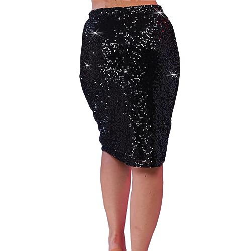 Jemiwa Women's Sequin Skirt Midi Stretchy Bodycon High Waist Glitter Pencil Skirt Party Cocktail Dress (as1, Numeric, Numeric_4, Numeric_6, Regular, Regular, Black-Gold)