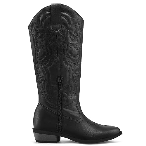 mysoft Women's Cowboy Boots Mid Calf Cowgirl Boots Embroidered Western Pointed Toe Chunky Heel Pull On Knee High Boots