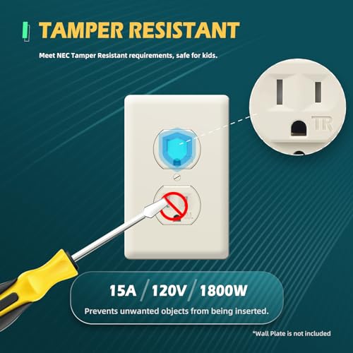 TOPELER 10 Pack Duplex Receptacle Outlets, Residential Grade Tamper-Resistant Electrical Wall Outlet, 15A 125V, 2 Pole 3 Wire, NEMA 5-15R, Self-Grounding, UL Listed, Light Almond