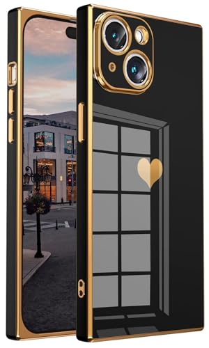 Tzomsze Case Compatible with iPhone 15 Case Gradient,Clear &Glitter with Cute Heart Pattern, Lens Protection&Electroplate Reinforced Corners Shockproof Edge Case[6.1 inches]-Black