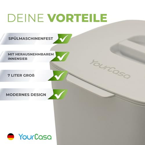 YourCasa® Compost bin Kitchen Counter with lid -1.85 Gallon - Countertop Compost bin - Composting Bin Dishwasher Safe - Odour Proof - Inner Sieve - Indoor Compost bin Kitchen composter (Beige)