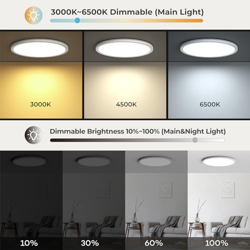 Matane 12in LED Flush Mount Ceiling Light Fixture with Remote Control, Nightlight 2000K Warm, 3000K-6500K Adjustable, Wired Low Profile Ceiling Lights for Bedroom, Kitchen, Living Room, White