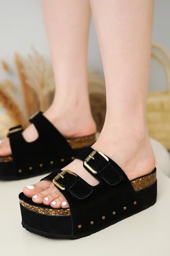 Project Cloud Platform Sandals Women, Genuine Leather Footbed Wedge Sandals for Women 2024, Comfortable Non-Slip Womens Sandals Platform Heels Womens Footwear (Oliy, BLK, 6)
