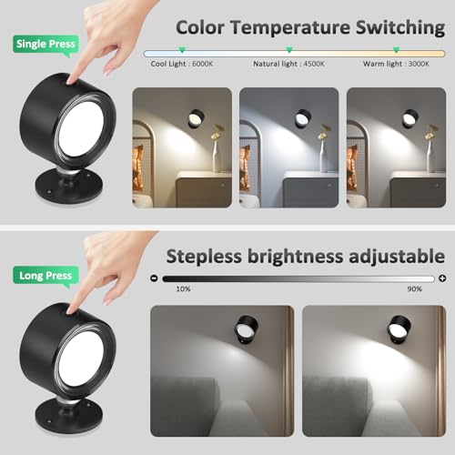 LED Wall Sconces with Remote, Wall Mounted Lights Rechargeable Battery Operated, 3 Color Temperatures & Dimmable Wall Lamp Magnetic 360° Rotation Wireless Light for Bedroom Living Room