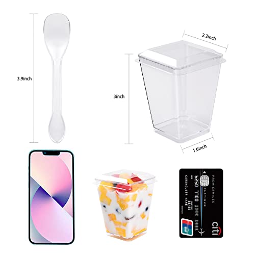 Jutoarts 50 Pack 5oz Small Reusable Serving Dessert Cups with Lid and Spoon, Square Fruit Cups, Clear Plastic Parfait Appetizer Cup, For All Kinds of Parties.