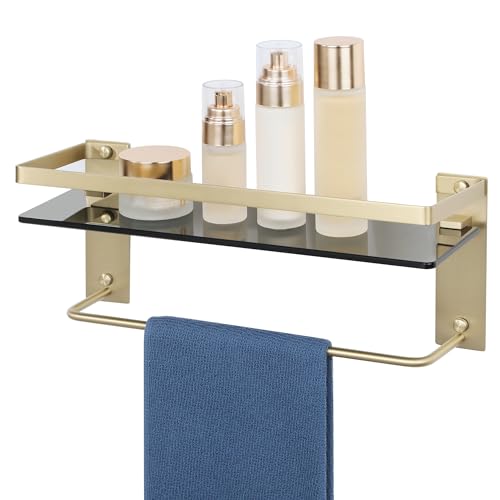 Alise Bathroom Shelves Glass Shelf with Bar,Wall Mount Floating Shelves for Bathroom,1 Tier Tempered Glass Holder Storage Organizer,SUS304 Stainless Steel Gold and Black GDL2001-GB