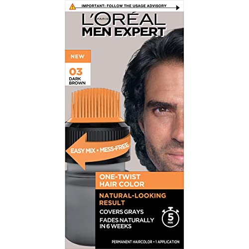 L’Oreal Paris Men Expert One Twist Mess Free Permanent Hair Color, Mens Hair Dye to Cover Grays, Easy Mix Ammonia Free Application, Dark Brown 03, 1 Application Kit