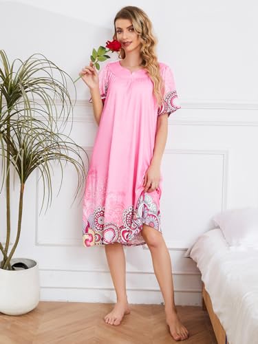 udforsk House Dresses for Older Women with Pockets Hawaiian Muumuu Duster Housecoat Grandma Nightgown Anthony Richards Pink Feather M