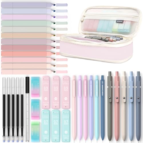 Four Candies 39 PCS Aesthetic School Supplies with Cute Pen Case, 12 Pastel Highlighters, 5 Black Ink Gel Pens, 6 Mechanical Pencils Set 0.5 & 0.7 mm for Students Stationary College Essentials (Pink)