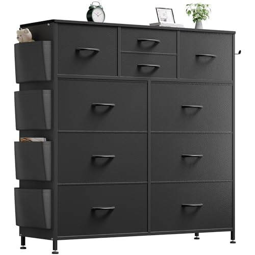 Black Dresser for Bedroom, Bedroom Dresser & Chests of Drawer, Fabric Dressers 10 Drawers, Black Dresser for Closet w/Side Pockets, Hooks, Clothes Dresser Storage for Hallway, Entryway, Kids Room