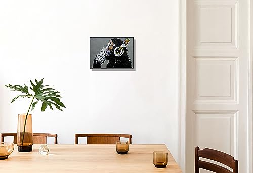 Banksy Wall Art Thinking Monkey with Headphones Enjoying Music Graffiti 3D Print simulation hand painted texture on canvas painting Mural Framed Matted 3D Brushstroke 17x24"
