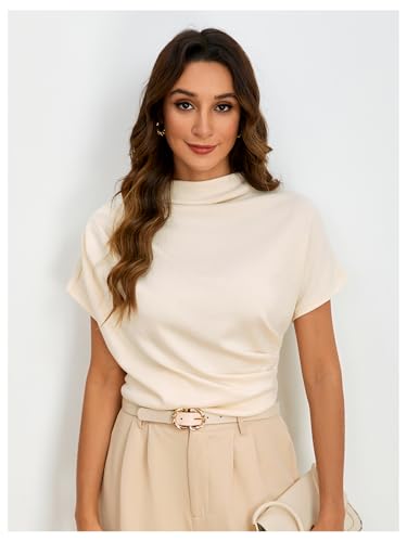 SweatyRocks Women's Casual Short Sleeve Mock Neck Tee Top Asymmetric Ruched Plain T Shirt Beige S