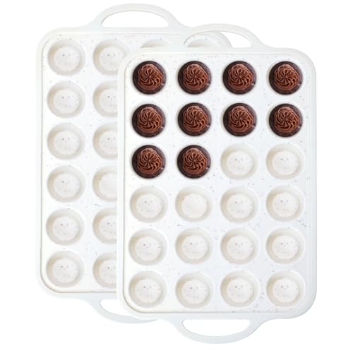 Muffin Pans With Metal Reinforced Frame - 24-Cups Durable Silicone Baking Pan for Muffins, Cupcakes, BPA Free and Dishwasher Safe - Beige with Coffee Spots