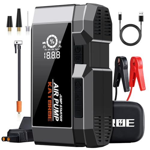 Katoroe Q17 Car Jump Starter with Air Compressor,4500A 160 PSI Portable Jump Starter Battery Pack (10.0L Gas/8.0L Diesel), with QC 3.0,Large Display, 3 Modes Flashlight and Jumper Cable Black