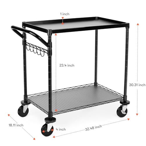 WDT 680Lbs Capacity Heavy Duty Rolling Utility Cart,2 Tier Rolling Carts with Wheels,Commercial Grade Metal Cart with Handle Bar & Shelf Liner,Trolley Serving Cart for Restaurant,Kitchen,Black