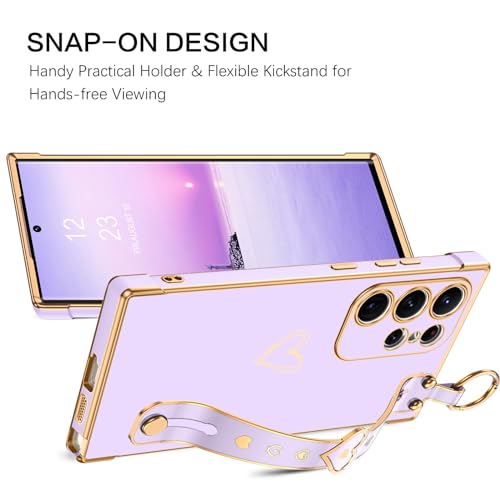 BENTOBEN Compatible with Samsung Galaxy S24 Ultra Phone Case 2024, Slim Thin Shockproof Kickstand Holder Protective TPU Bumper Drop Protection Cute Heart Girl Women Boy Men S24Ultra Cover, Purple/Gold