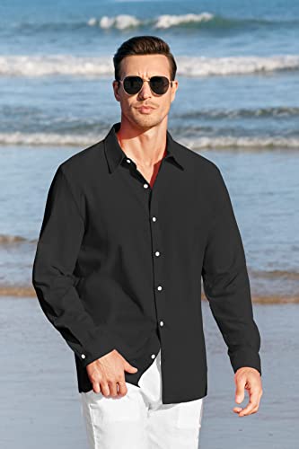 Runcati Mens Linen Casual Long Sleeve Shirt Cotton Tees Loose Fit Button Down Roll Up Summer Beach Yoga Tops (Large, Black-2)