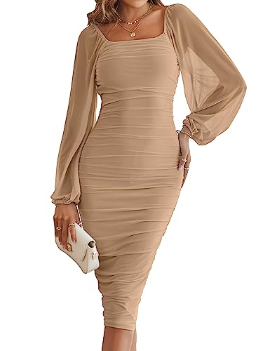 MEROKEETY Womens Elegant Long Balloon Sleeve Square Neck Ruched Bodycon Solid Clubwear Party Dress,WineRed,M