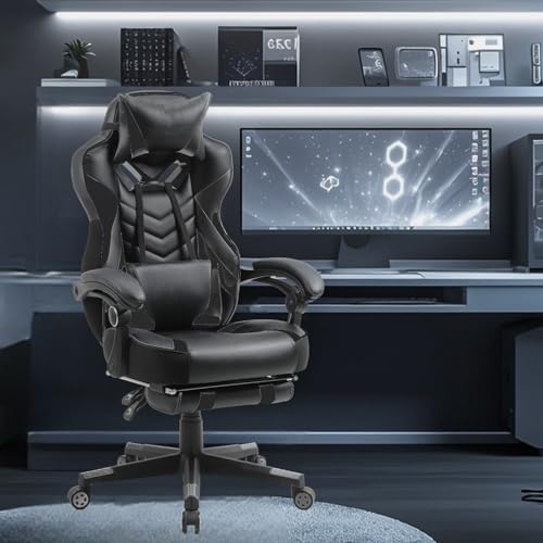 Gaming Chair for Adults,Computer Chair with High Back,Big and Tall Gaming Chairs with Footrest and Massage,Reclining Gamer Ergonomic Office Desk Chair(Black)