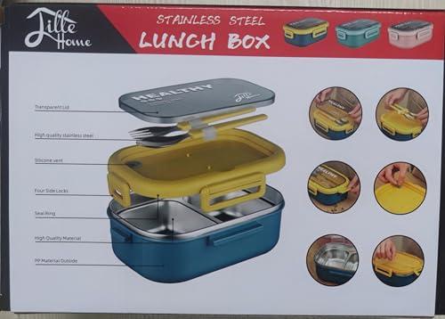 Lille Home 28oz Stainless Steel Leakproof 2-Compartment Bento Lunch Box/Portion Control Food Container with Lunch Bag and Cutlery Set, BPA Free (Blue)