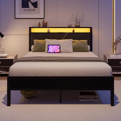 VECOCHO Twin Bed Frame with Charging Station and LED Lights,Upholstered Headboard with Storage Shelves,Heavy Duty Metal Slats, No Box Spring Needed,Noise Free, Easy Assembly,Black and Dark Grey