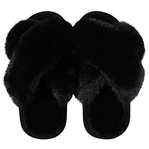 Girl's Soft Plush Lightweight House Slippers Non Slip Cross Band Slip on Open Toe Cozy Indoor Outdoor Slippers BK30 Black